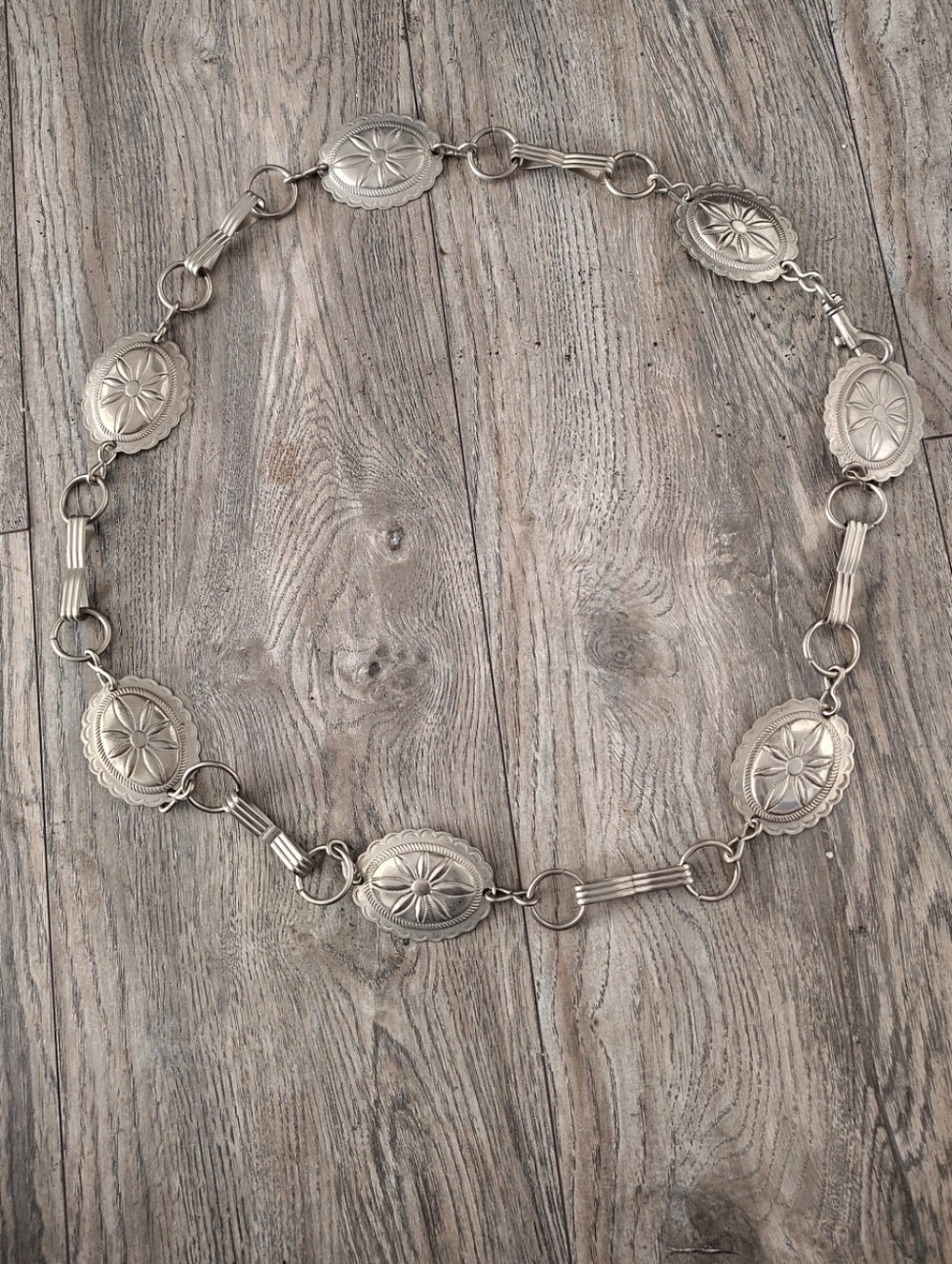 Vintage Silver Tone Concho Belt Western Boho Stamped Oval Link Adjustable